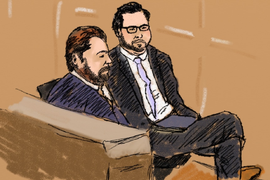 A court sketch of Bruce Lehrmann (R) with his lawyer Rowan King