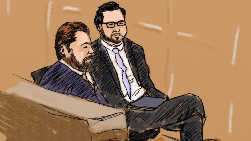 A court sketch of Bruce Lehrmann (R) with his lawyer Rowan King