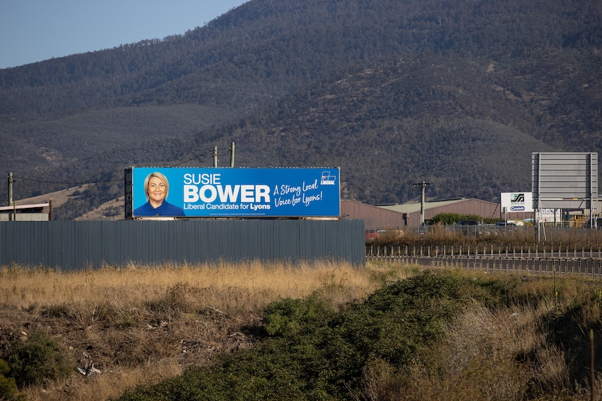 Liberal candidate for Lyons Susie Bower sign on a highway near Brighton.