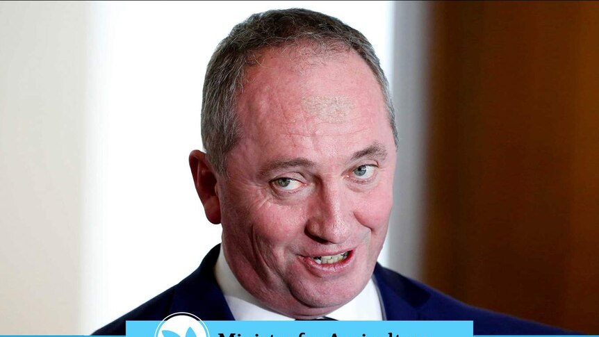 Barnaby Joyce smirks at the camera. There is a banner reading "Minister for Agriculture (Outgoing)" in front of him.