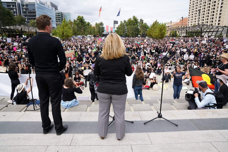 A large crowd packs Adelaide's Victoria Square.