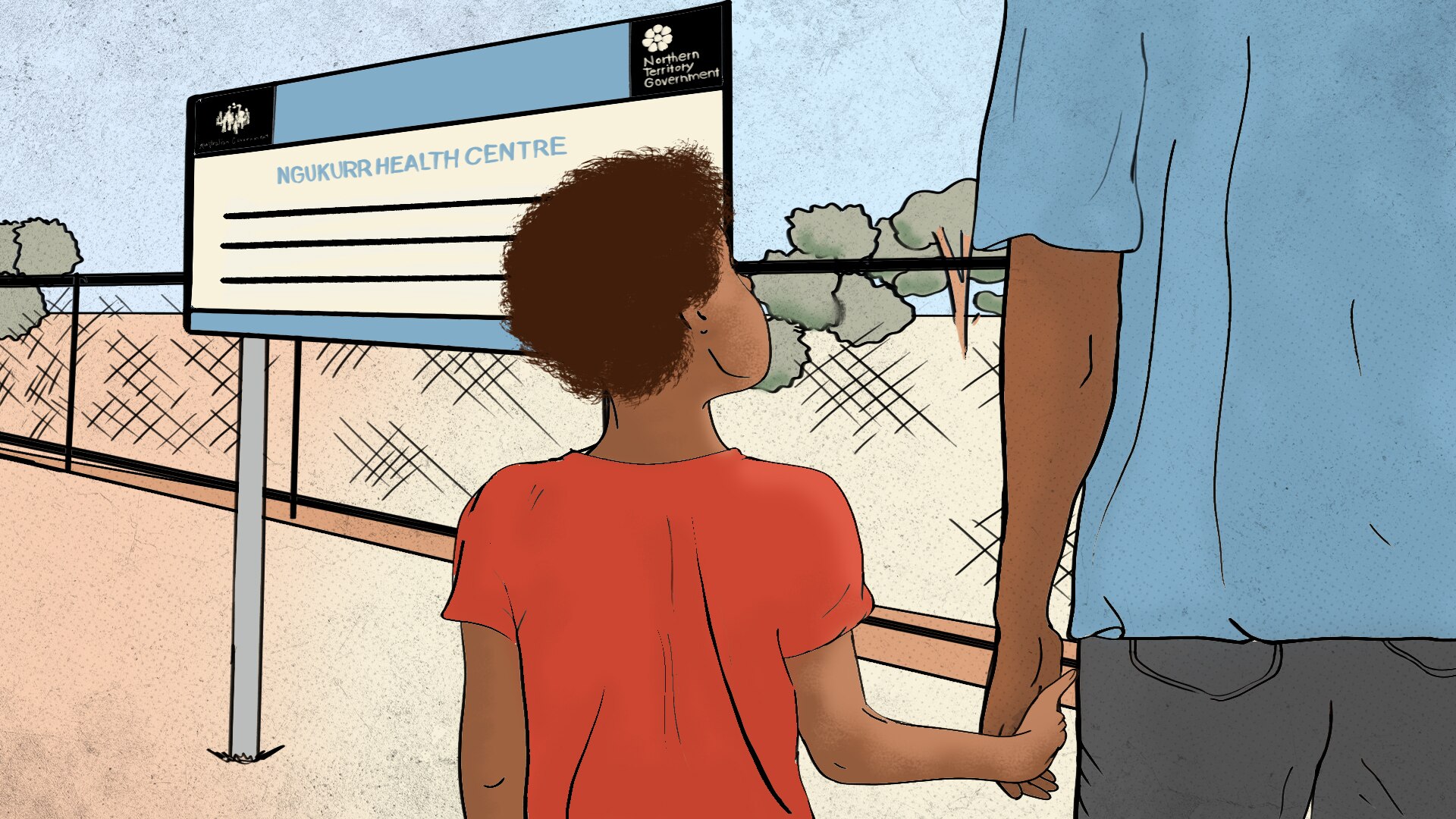 An illustration of a young person holding hands with an adult facing a fence and a sign