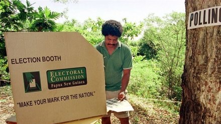 Voter at an open air polling booth near Port Moresby, PNG, in 1997
