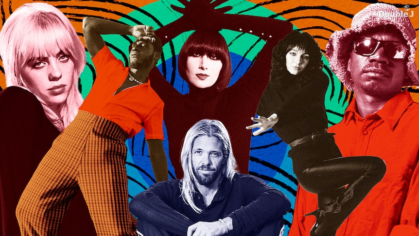 A collage of Billie Eilish, Leon Bridges, Taylor Hawkins, Karen O, Kate Bush and King Stingray