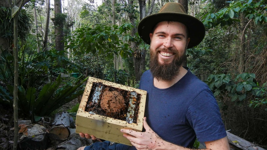 Bee researcher Dr Tobais Smith holds small home-made bee hive covered in native bees.