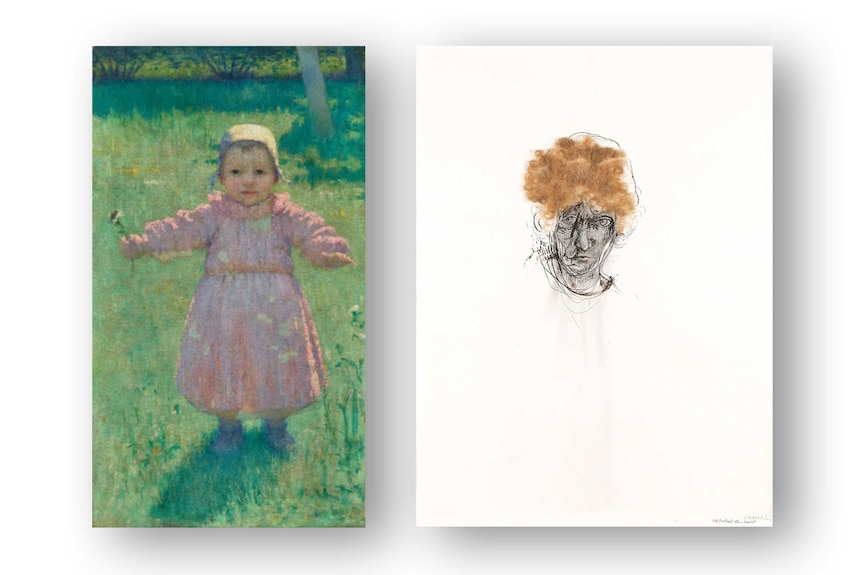 Two artworks, one a painting for a young toddler in a pink dress, the other a black ink portrait of a man with red hair.