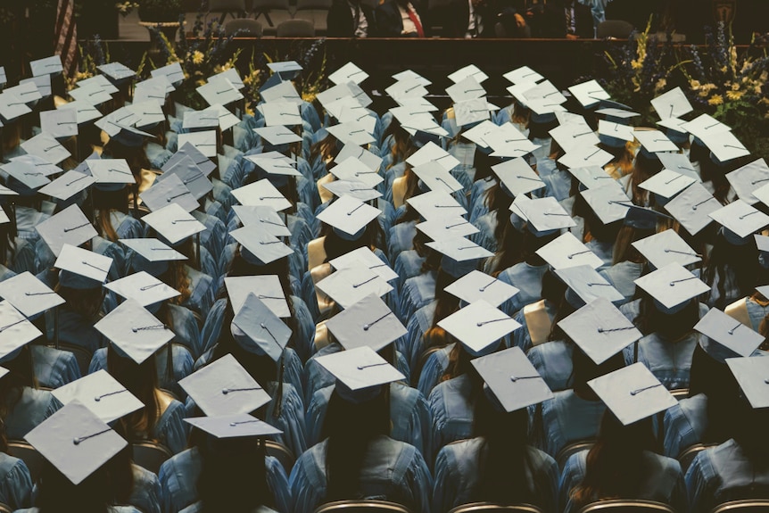 University students sitting on chairs at their graduation with a blue cap and gown on