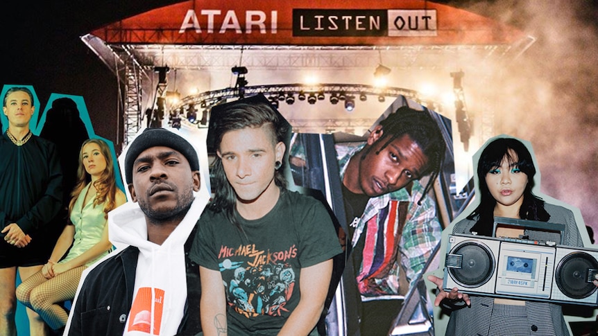 A collage of the Listen Out 2018 line-up: Confidence Man, Skepta, Skrillex, A$AP Rocky, Kira Puru