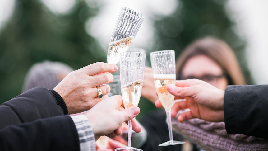 Hands holding champagne glasses for a story on people who feel conflicted about horseracing after reports of mistreatment