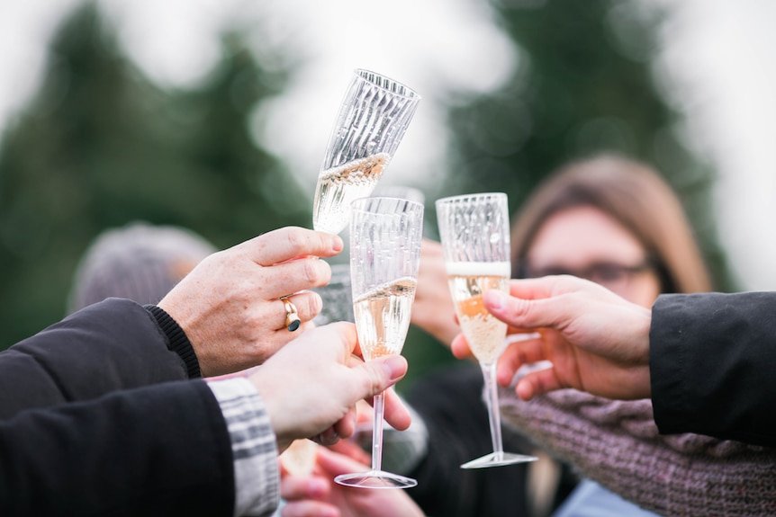 Hands holding champagne glasses for a story on people who feel conflicted about horseracing after reports of mistreatment