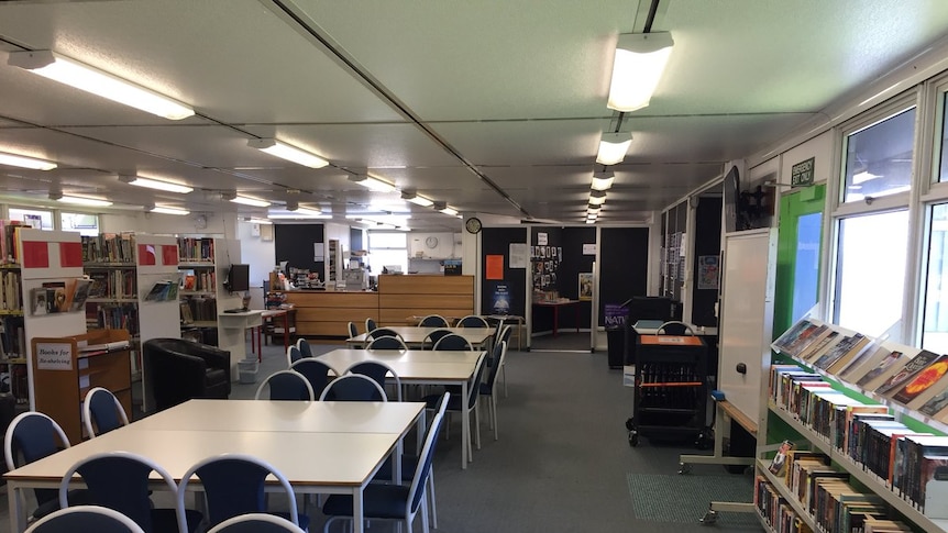 The interior of a high school library