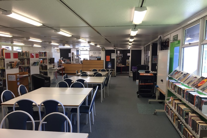 The interior of a high school library