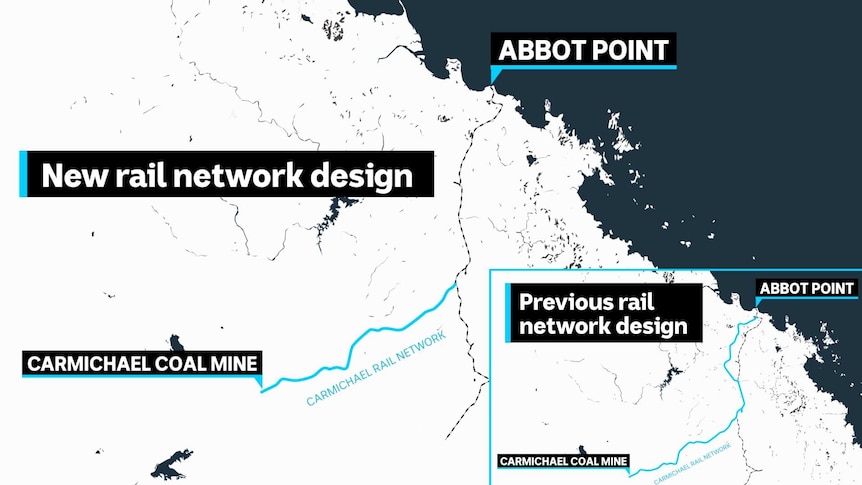 A map of the new rail route Adani will take to transport coal to Abbot Point.