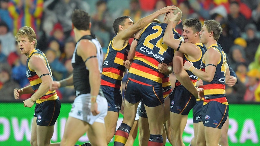 Crows players celebrate a goal during the Showdown against Port Adelaide at Adelaide Oval.