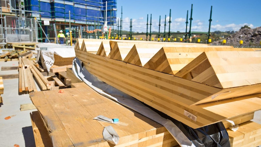 Cross-laminated timber at a construction site in Campbelltown, Sydney.