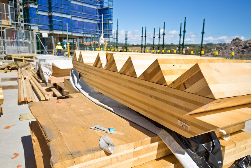 Cross-laminated timber at a construction site in Campbelltown, Sydney.