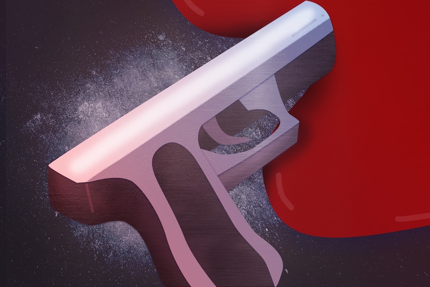 A gun graphic with a stream of red. 
