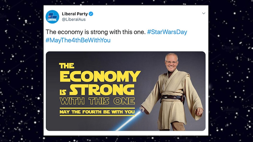 A tweet from the Liberal party with Scott Morrison's head photoshopped onto Luke Skywalker's body