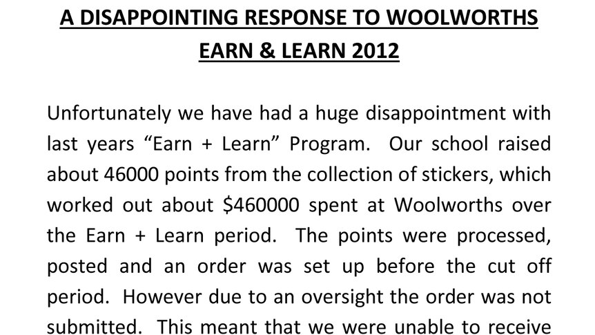 An excerpt from The Oaks Public School's newsletter criticising Woolworths' Earn & Learn program