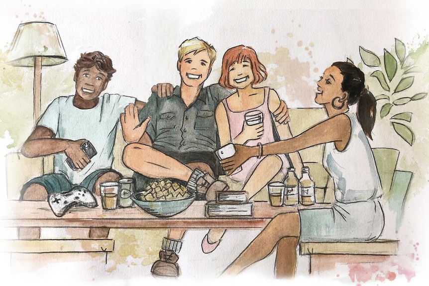 Illustration of four friends sitting on a couch laughing and holding drinks and phones.