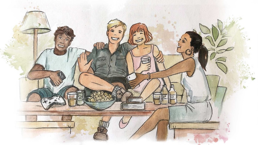 Illustration of four friends sitting on a couch laughing and holding drinks and phones.