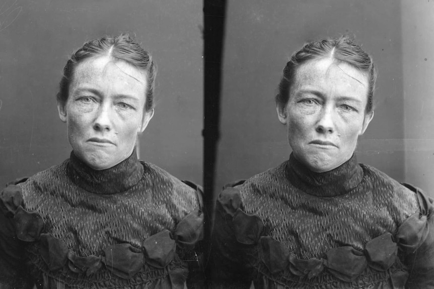 Black and white police photograph of a middle aged woman