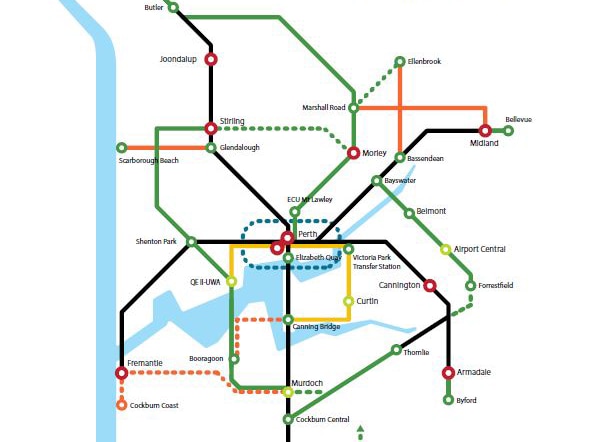 A map of the WA Government's Perth transport plan shows the proposed Morley rail line.