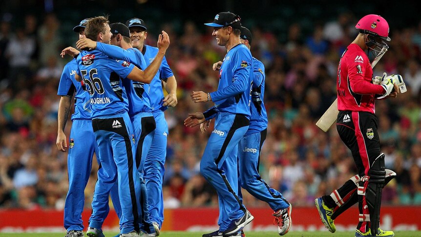 Ben Laughlin celebrates a wicket for the Adelaide Strikers