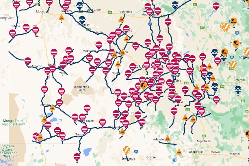 A map shows all the roads in outback Queensland that have road closure notices and hazard warnings.