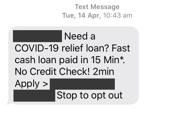 A text message offering a "COVID-19 relief loan" sent on April 14, 2020.