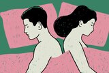 Man and woman turned away from one another in bed in a story about why couples lose desire for sex.