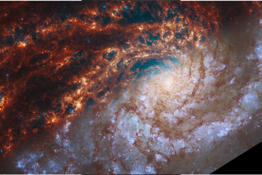 spiral galaxy NGC 4254. The top left is JWST, the bottom right is Hubble. 
