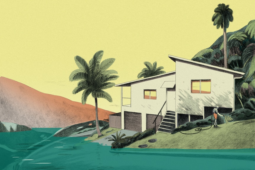 Illustration of a house surrounded by rising water.