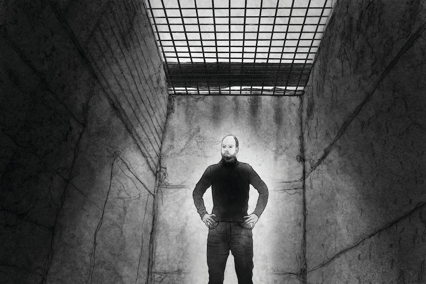 An illustration of a Russian prisoner standing in a cell.