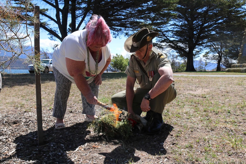 Lia Pootah members Kaye McPherson and Major Peter Rowe conduct a healing ceremony