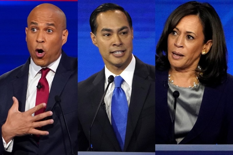 A composite image of Cory Booker, Julian Castro and Kamala Harris