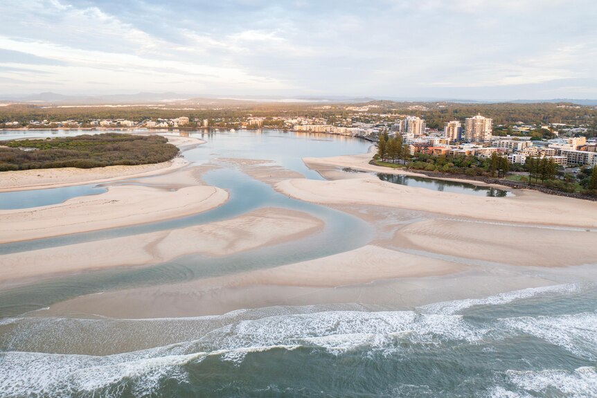 Aerial view of Bribie Island and large channel