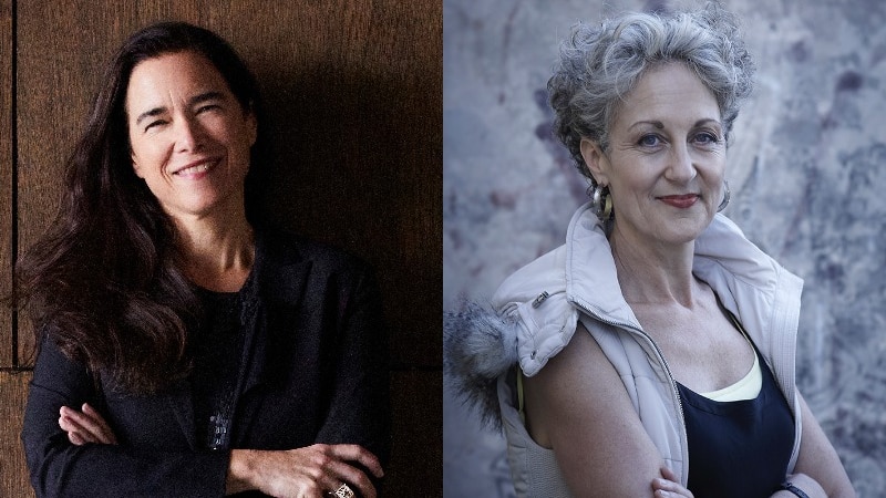 A diptych shows portraits of Shelley Penn against a warm, dark wooden wall and Elizabeth Farrelly against a cool stone wall.