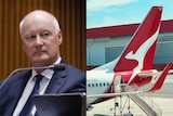 A composite image of an older man wearing a suit and tie, and the tail of a Qantas plane parked on a tarmac.