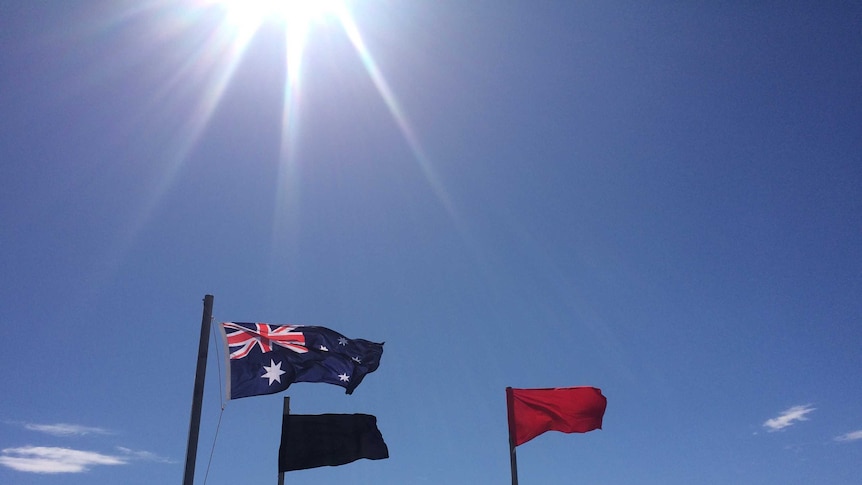 Flags at the Miners Memorial for the 2016 memorial day service at Broken Hill.