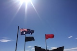 Flags at the Miners Memorial for the 2016 memorial day service at Broken Hill.
