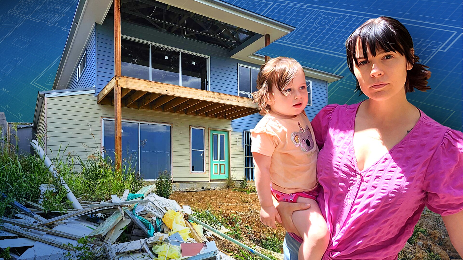 A photo illustration of Christine Tugwell and child with unliveable home with blue wash and house designs behind