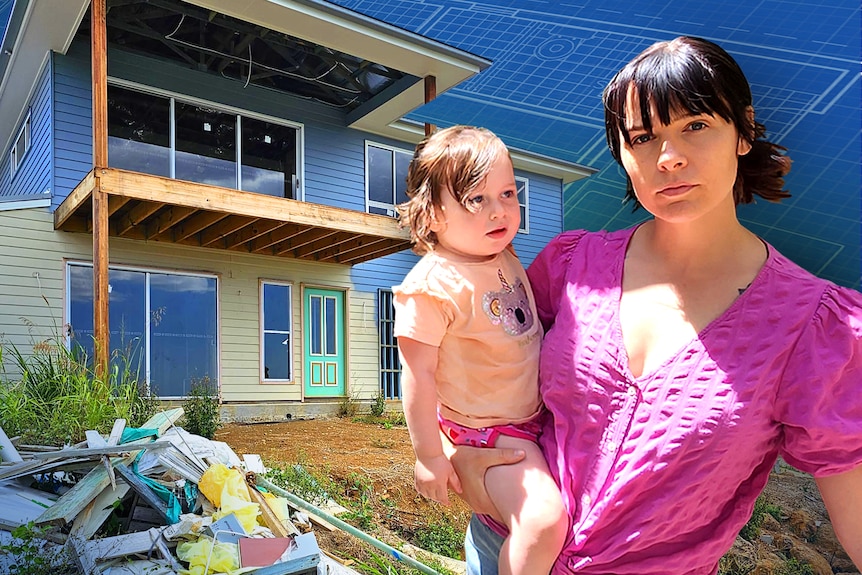 A photo illustration of Christine Tugwell and child with unliveable home with blue wash and house designs behind