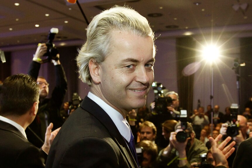 Right-wing Dutch politician Geert Wilders of the anti-Islam Freedom Party arrives to give a speech.