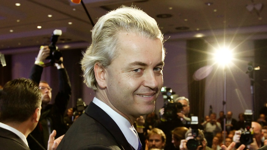 Right-wing Dutch politician Geert Wilders of the anti-Islam Freedom Party arrives to give a speech.