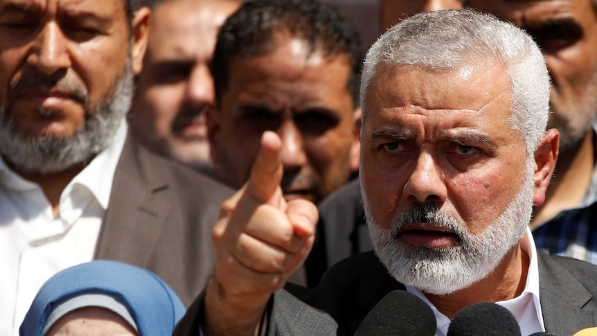 Hamas Chief Ismail Haniyeh points as he makes a speech in Gaza.