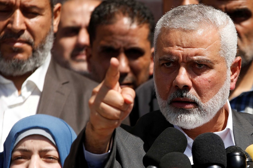 Hamas Chief Ismail Haniyeh points as he makes a speech in Gaza.