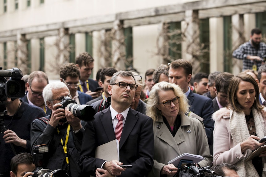 Tingle standing amongst media pack in parliamentary courtyard.