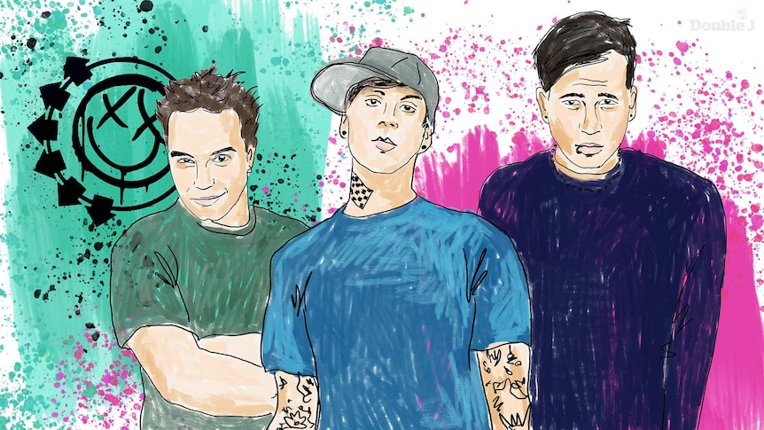 An illustration of Mark Hoppus, Travis Barker, and Tom DeLonge from Californian pop-punk band Blink-182