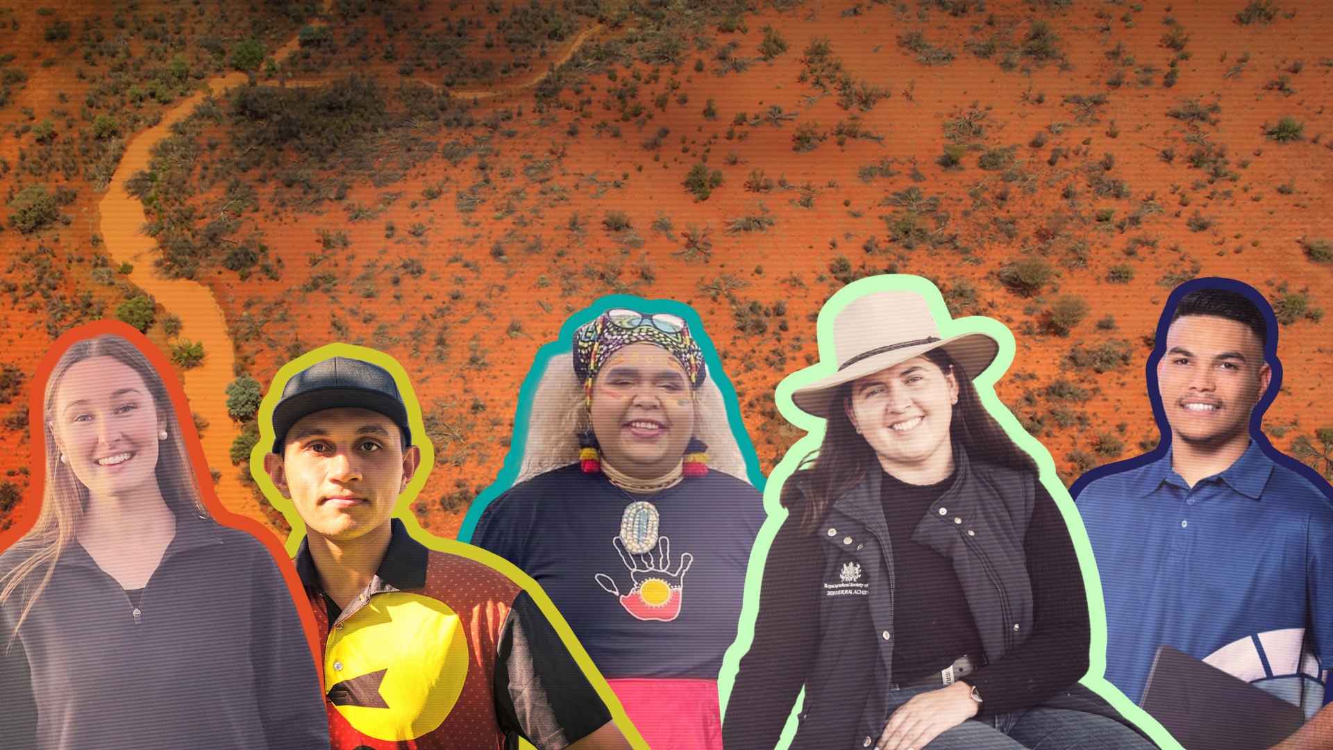 An image of a red dirt landscape, in front of it are five young people each with a different coloured outline around them.